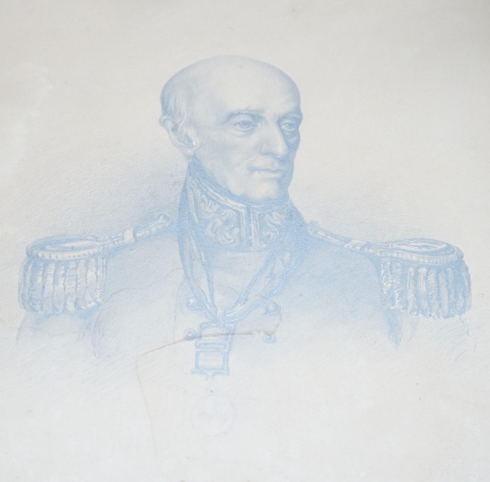 E M Maitland, pencil, Portrait of General Frederick Maitland (1763-1848), served alongside Wellington, unsigned, inscribed in ink verso, 27.5 x 22cm, maple framed. Condition - poor